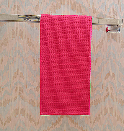 Festive colored waffle weaves kitchen towel. Pink Peacock color